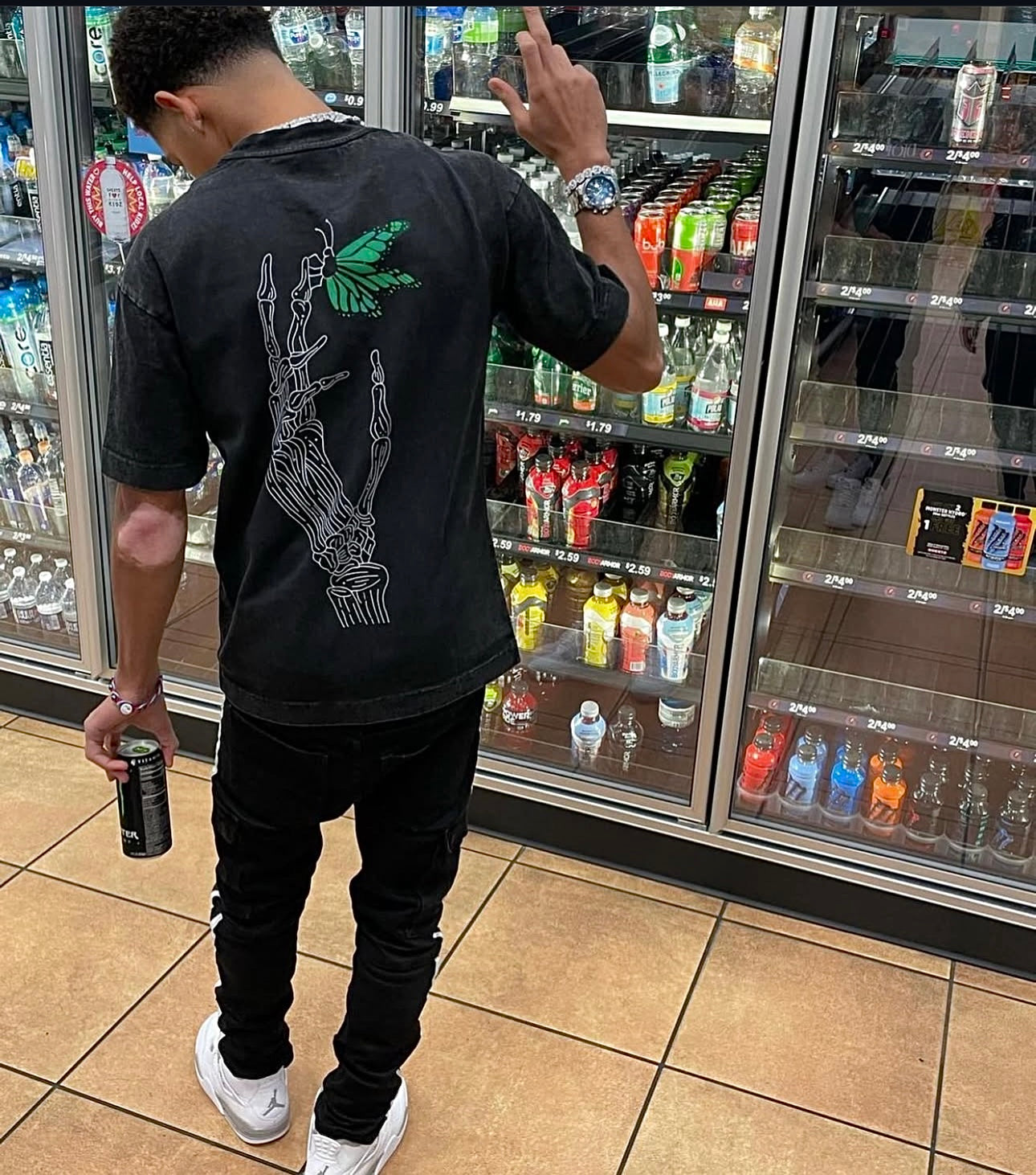 BUTTERFLY SKULL TEE (GREEN) "Acid Washed"