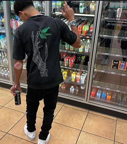 BUTTERFLY SKULL TEE (GREEN) "Acid Washed"