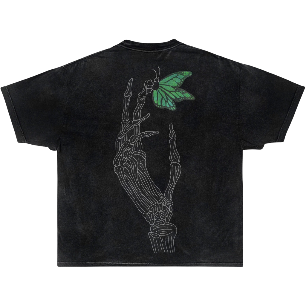 BUTTERFLY SKULL TEE (GREEN) "Acid Washed"